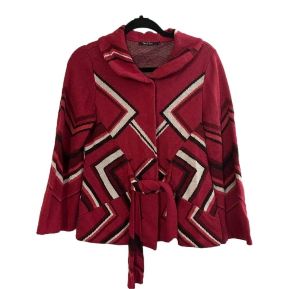 Nick + Zoe Red Chevron Tie Button Front Cardigan Sweater Jacket Sz Small